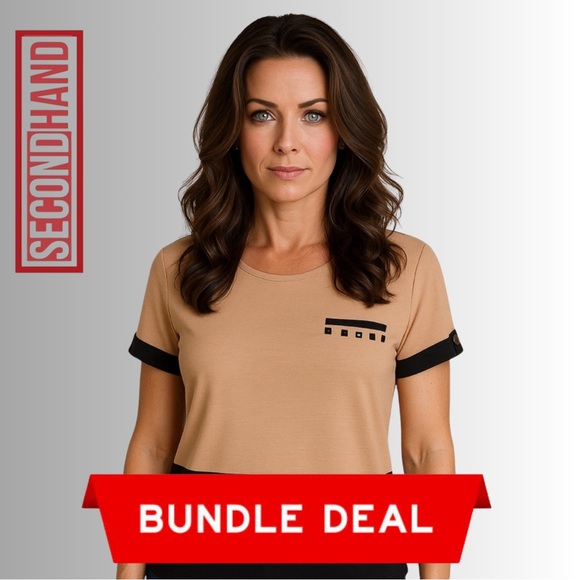 Lumière’ Tan & Black Sheer Hem Short Sleeve Blouse Size L with Studded Pocket - Picture 12 of 12